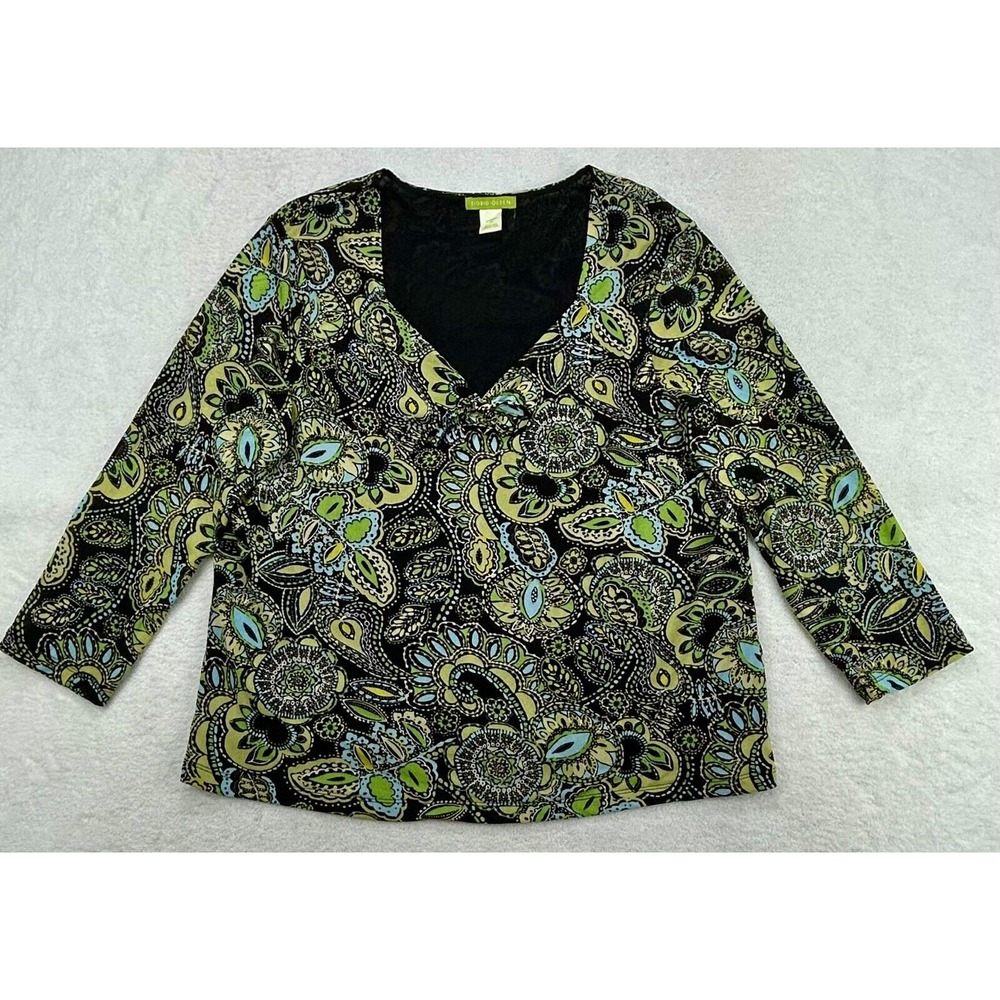 Sigrid Olsen V Neck‎ Blouse 2X Paisley Green Blue Black Lightweight SOLU0152